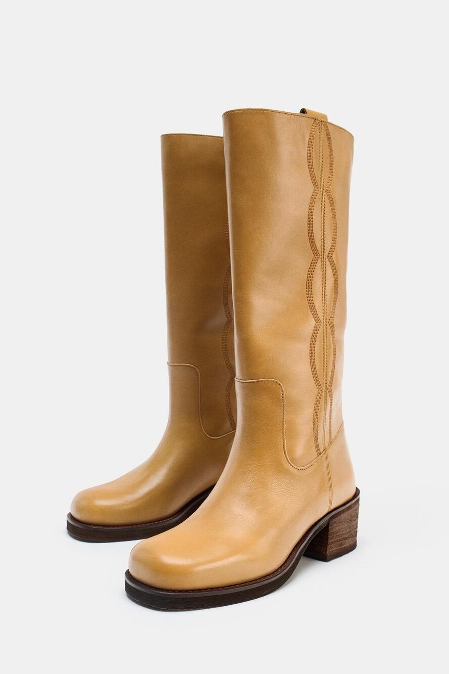 ZARA Leather Topstitch Tall Boots Campus Dark Tan NEW Size 38